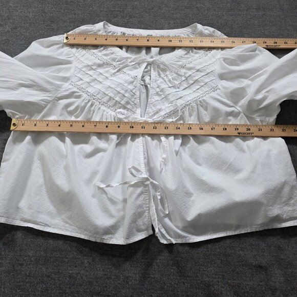 Aerie Peasant Blouse Womens L White Long Puff Sleeves 3 Ties Front Cotton Boho - Picture 5 of 16